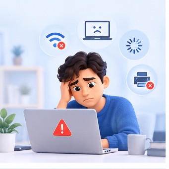 Person frustrated with laptop showing error — tech isn't working