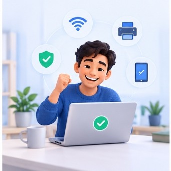 Person happy with all devices working — problem solved